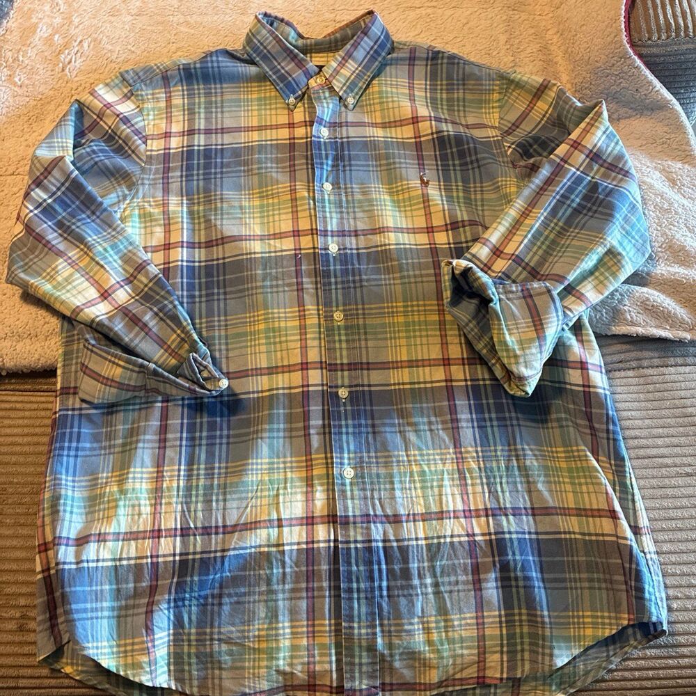 Polo Ralph Lauren Blue Cotton Plaid Long Sleeve Oxford Dress Shirt XL NWOT - Picture 2 of 11